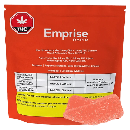 Front-facing image of the red Emprise Rapid Sour Strawberry Kiwi Gummies 30 Pack pouch with a single pink sugar-coated gummy in the lower right.