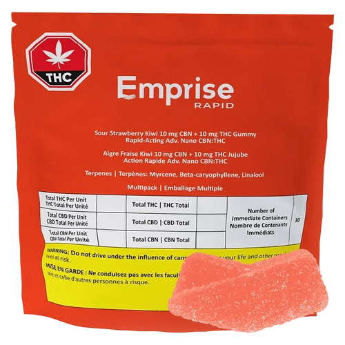 Front-facing image of the red Emprise Rapid Sour Strawberry Kiwi Gummies 30 Pack pouch with a single pink sugar-coated gummy in the lower right.