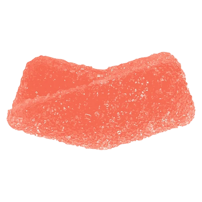 Top-down close-up of a single sugary pink Sour Strawberry Kiwi Gummies piece showing crystalline sugar texture.