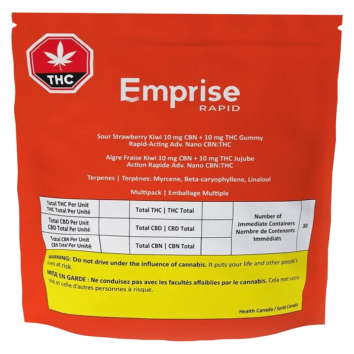 Front-facing red pouch labeled Emprise Rapid Sour Strawberry Kiwi Gummies with white text, THC icon, and a yellow warning band at the bottom