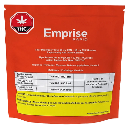 Front-facing red pouch labeled Emprise Rapid Sour Strawberry Kiwi Gummies with white text, THC icon, and a yellow warning band at the bottom