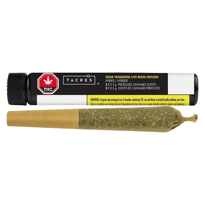 Horizontal studio shot of a pre-rolled joint in front of a black tube labeled "Sour Tangerine Live Resin Infused PR 3 x 0.5 g" by 7ACRES.