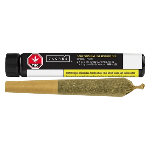 Horizontal studio shot of a pre-rolled joint in front of a black tube labeled "Sour Tangerine Live Resin Infused PR 3 x 0.5 g" by 7ACRES.