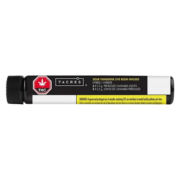 Horizontal studio shot of the Sour Tangerine Live Resin Infused PR 3 x 0.5 g tube with black cap, centered label and yellow warning strip.