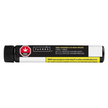 Horizontal studio shot of the Sour Tangerine Live Resin Infused PR 3 x 0.5 g tube with black cap, centered label and yellow warning strip.