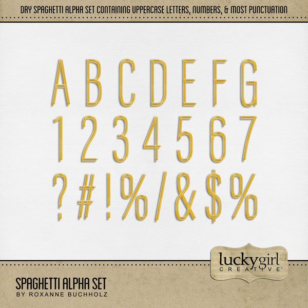 Showcase your favorite food, meals, restaurants, recipes, and cookbook favorites with these fun digital scrapbooking alphabet letters, numbers, and punctuation by Lucky Girl Creative digital art great for creating one-of-a-kind page titles. Great for family meals, trips to Italy, eating noodles, and dinners out at your favorite Italian restaurant. This alpha set consists of a full set of digital art uppercase letters A-Z and numbers 0-9.