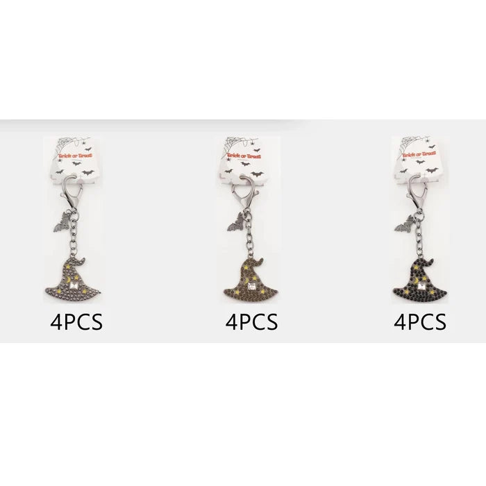 Sparkling Halloween Witch Hat Keychain with Bat Charm & Rhinestones (10.5 cm) – Bulk 12-Piece Set (QE3060)