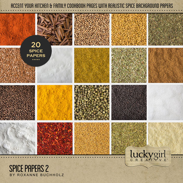 Showcase your favorite food, meals, restaurants, recipes, kitchen, and cookbook favorites with these versatile digital scrapbooking papers by Lucky Girl Creative digital art featuring various cooking herbs and spices. Textures include chili powder, sumac, cinnamon sticks, coriander, dried tomato, fenugreek seeds, flax seed, flour, khmeli suneli, mint, mustard seeds, nutmeg, onion powder, garlic powder, oregano, peppercorn, saffron, turmeric, salt, sesame seeds, sugar, and thyme. This kit is included in the