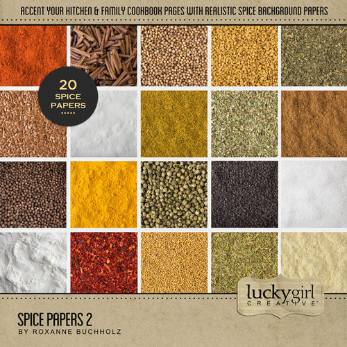 Showcase your favorite food, meals, restaurants, recipes, kitchen, and cookbook favorites with these versatile digital scrapbooking papers by Lucky Girl Creative digital art featuring various cooking herbs and spices. Textures include chili powder, sumac, cinnamon sticks, coriander, dried tomato, fenugreek seeds, flax seed, flour, khmeli suneli, mint, mustard seeds, nutmeg, onion powder, garlic powder, oregano, peppercorn, saffron, turmeric, salt, sesame seeds, sugar, and thyme. This kit is included in the