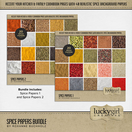 Showcase your favorite food, meals, restaurants, recipes, kitchen, and cookbook favorites with these versatile digital scrapbooking papers by Lucky Girl Creative digital art featuring various cooking herbs and spices. Textures include anise seeds, cardamon, chili pepper flakes, cinnamon powder, cloves, cumin, zira, black spice, curry powder, dill seeds, dill, paprika, peppercorn, poppy seeds, powdered ginger, rosemary, saffron, pink Himalayan salt, sea salt, sesame seeds, chili powder, sumac, cinnamon stick