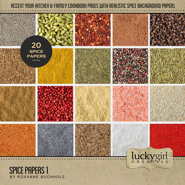 Showcase your favorite food, meals, restaurants, recipes, kitchen, and cookbook favorites with these versatile digital scrapbooking papers by Lucky Girl Creative digital art featuring various cooking herbs and spices. Textures include anise seeds, cardamon, chili pepper flakes, cinnamon powder, cloves, cumin, zira, black spice, curry powder, dill seeds, dill, paprika, peppercorn, poppy seeds, powdered ginger, rosemary, saffron, pink Himalayan salt, sea salt, and sesame seeds. This kit is included in the Spi