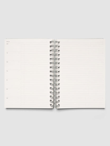 Spiral Notebook | A5 | Weekly Checklist shown open and laid flat, both pages ruled for weekly checklists with silver spiral binding at the center