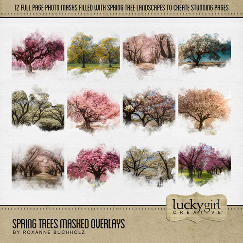 Celebrate the beauty of nature with these beautiful masked spring tree overlays by Lucky Girl Creative Digital Art for Digital Scrapbooking! With transparent edges, these masked photographs blend seamlessly into any background paper and make the perfect backdrop for all travel, vacation, and nature pages. They even work great for showcasing family trees! This kit is included in the Four Seasons Trees Masked Overlays Bundle.