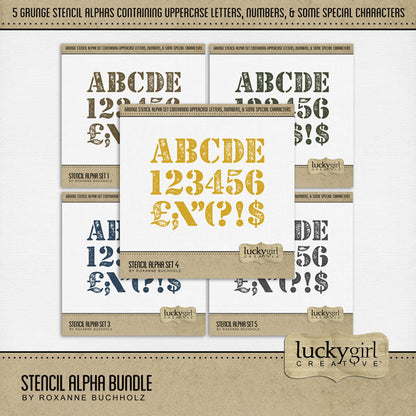 Design unique digital scrapbooking page titles with this set of 5 grunge stencil alpha sets by Lucky Girl Creative digital art. Perfect for military pages, hobbies, occupations, and everyday occasions, too! Colors include tan, army green, navy blue, yellow, and gray. Each alpha set consists of a full set of uppercase letters A-Z, numbers 0-9, and some punctuation marks. These digital scrapbooking alpha sets are available as individual embellishments only.
