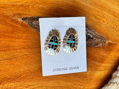 Sterling Silver Black Onyx and Opal Inlay Earrings STER031