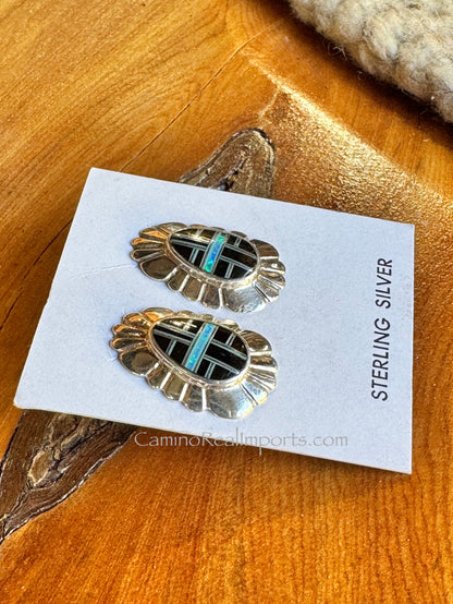 Sterling Silver Black Onyx and Opal Inlay Earrings STER031