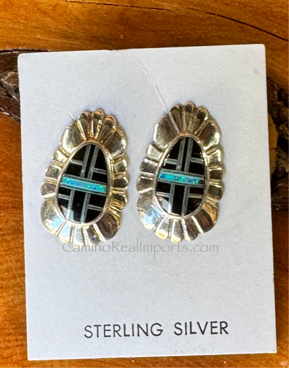 Sterling Silver Black Onyx and Opal Inlay Earrings STER031