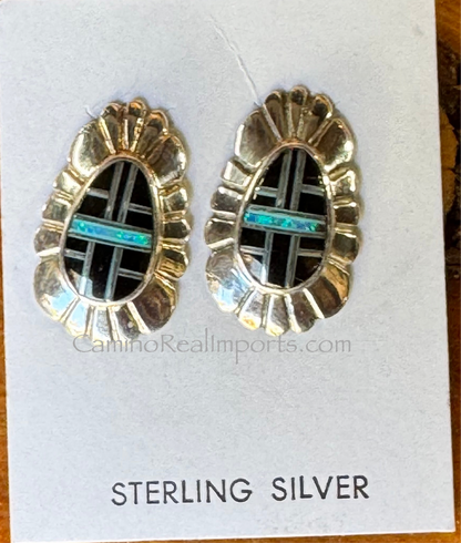 Sterling Silver Black Onyx and Opal Inlay Earrings STER031