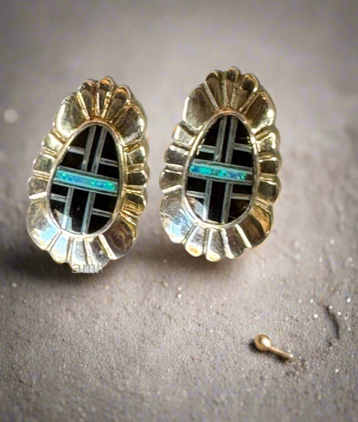 Sterling Silver Black Onyx and Opal Inlay Earrings STER031