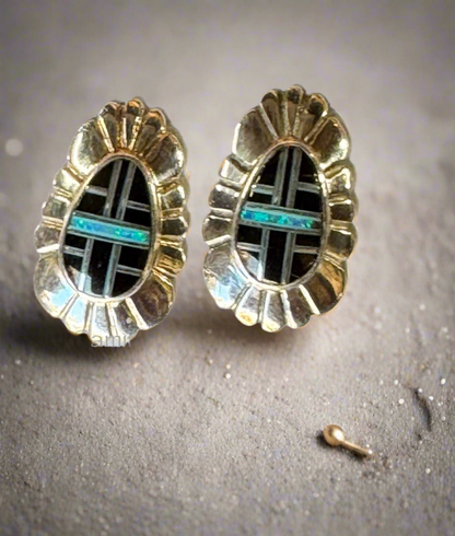 Sterling Silver Black Onyx and Opal Inlay Earrings STER031