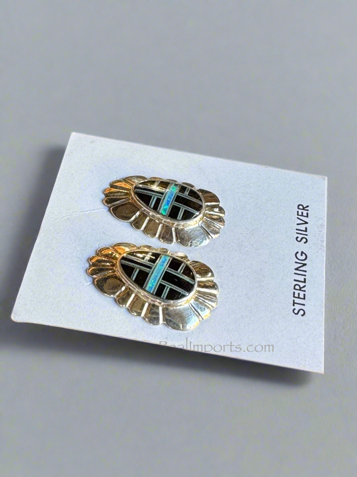 Sterling Silver Black Onyx and Opal Inlay Earrings STER031