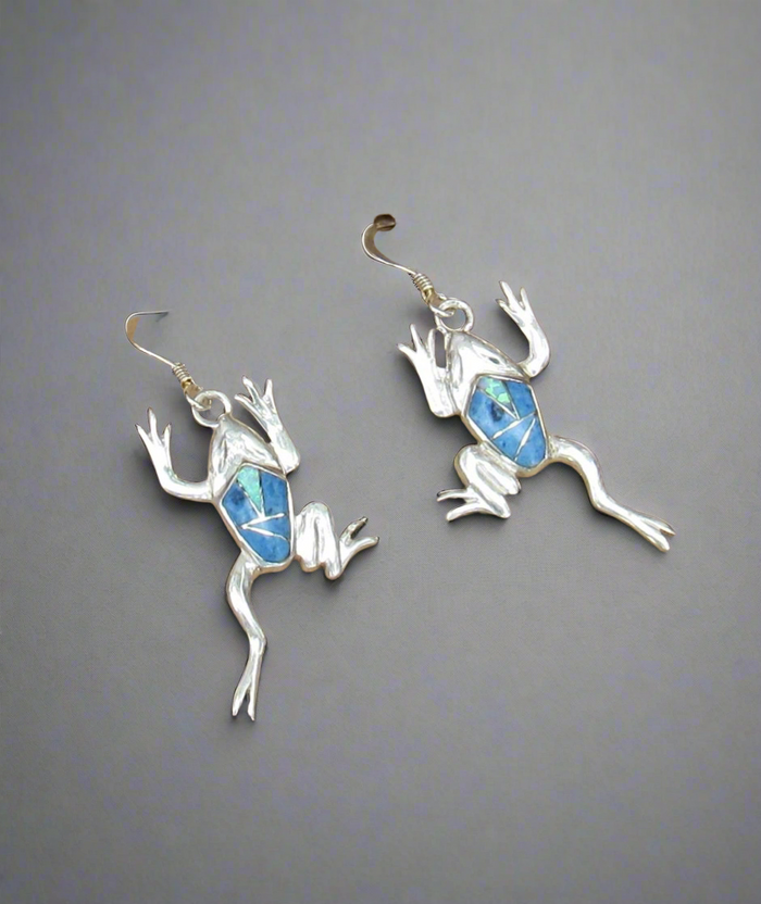 Sterling Silver Denim Lapis and Opal Inlay Frog Earrings STER042