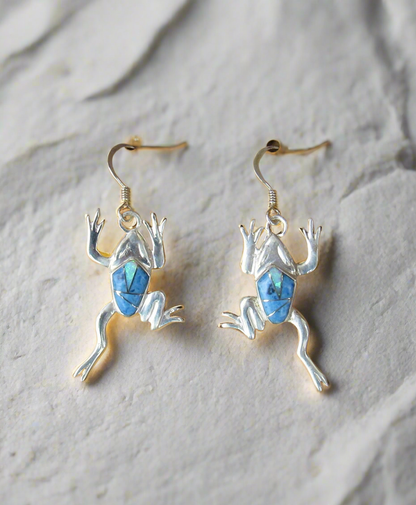 Sterling Silver Denim Lapis and Opal Inlay Frog Earrings STER042
