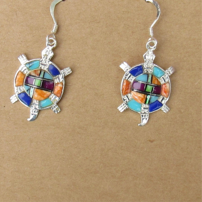 Sterling Silver Multi-Stone Inlay Turtle Earrings STER028