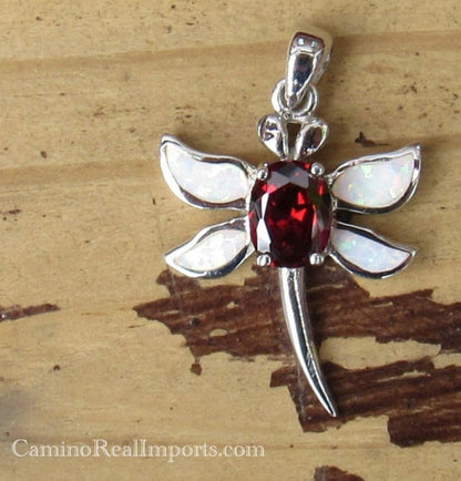 Sterling Silver Red Topaz and Opal Inlay Dragonfly Pendant STSP0053