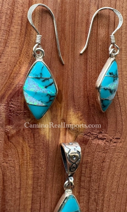 Sterling Silver Set Turquoise and Opal Inlay Pendant and Earrings STSPE001