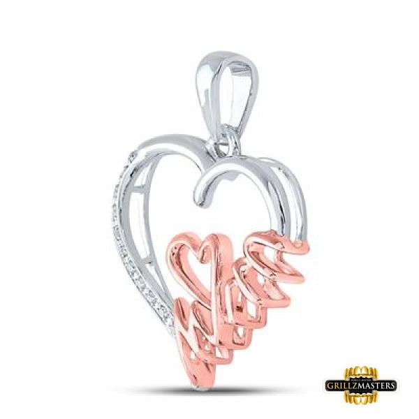 Two-Tone Sterling Silver Round Diamond Mom Heart Pendant 1/20 Cttw