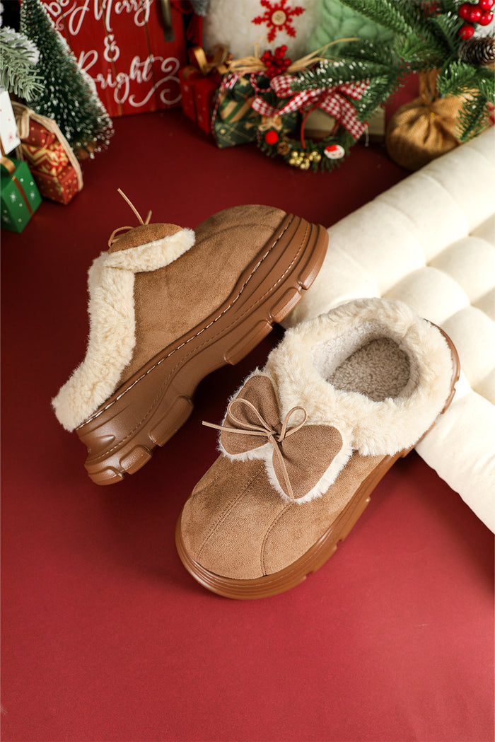 Straw Yellow Cozy Faux Fur Lined Bow Decor Clog Slippers 🇺🇸