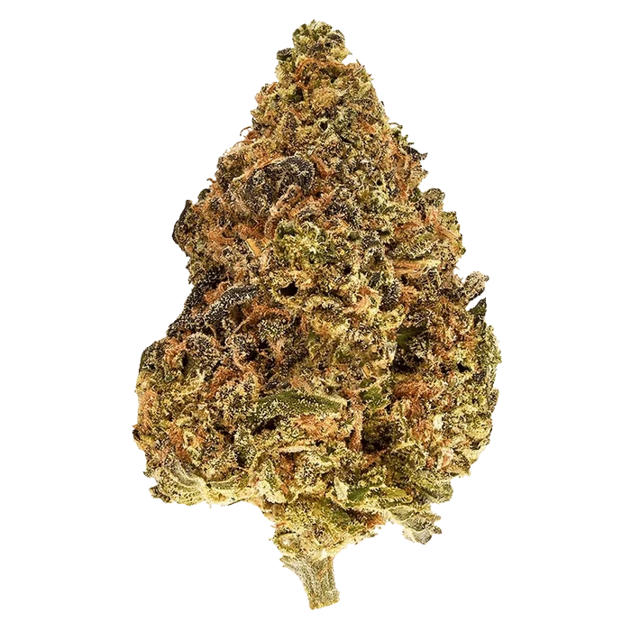 Top-down close-up of a dense, frosty bud of Strawberry Cheezequake against a plain white background.