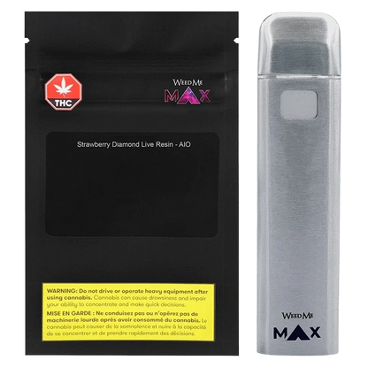 Front-facing shot of the Strawberry Cough Diamond Live Resin AIO Disposable Vape with its black resealable pouch on the left and a silver vape pen standing upright on the right.