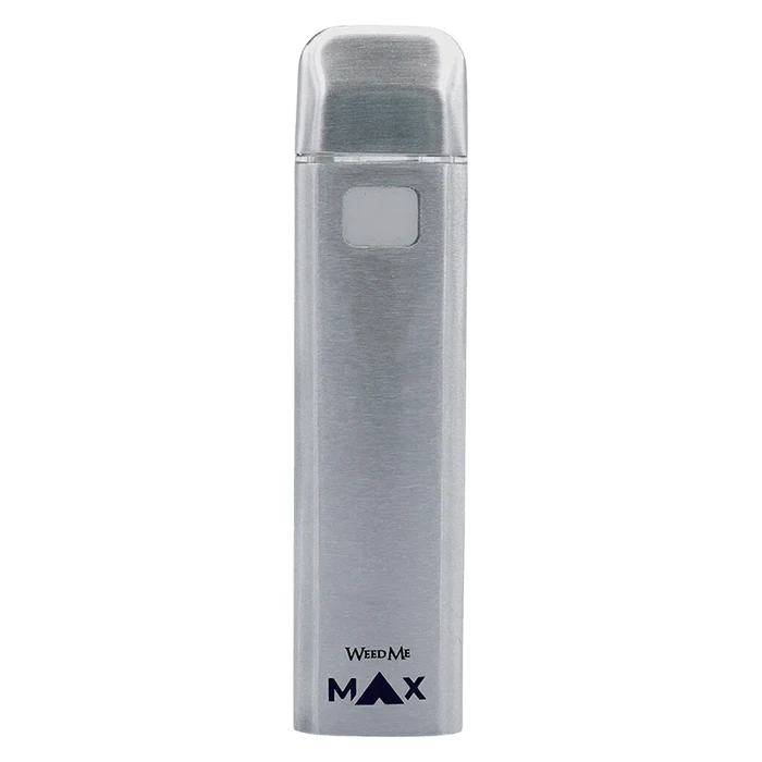 Front-facing silver device on a plain background labeled Weed Me Strawberry Cough Diamond Live Resin AIO Disposable Vape.