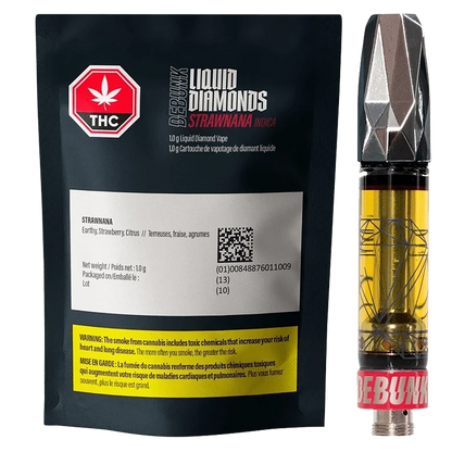 Front-lit product shot of a 1 g Strawnana Liquid Diamonds Vape Cartridge next to its black resealable pouch, showing pouch labels, THC symbol, and the cartridge’s faceted metallic mouthpiece and golden oil.