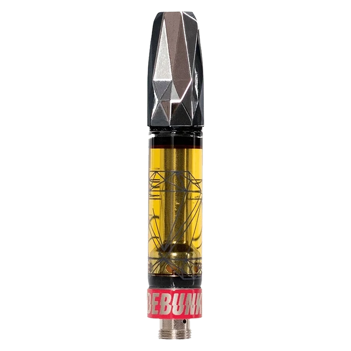 Straight-on studio shot of a Strawnana Liquid Diamonds Vape Cartridge showing the faceted black mouthpiece, clear oil chamber with a diamond graphic, and red base.