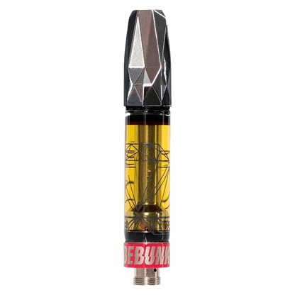 Straight-on studio shot of a Strawnana Liquid Diamonds Vape Cartridge showing the faceted black mouthpiece, clear oil chamber with a diamond graphic, and red base.