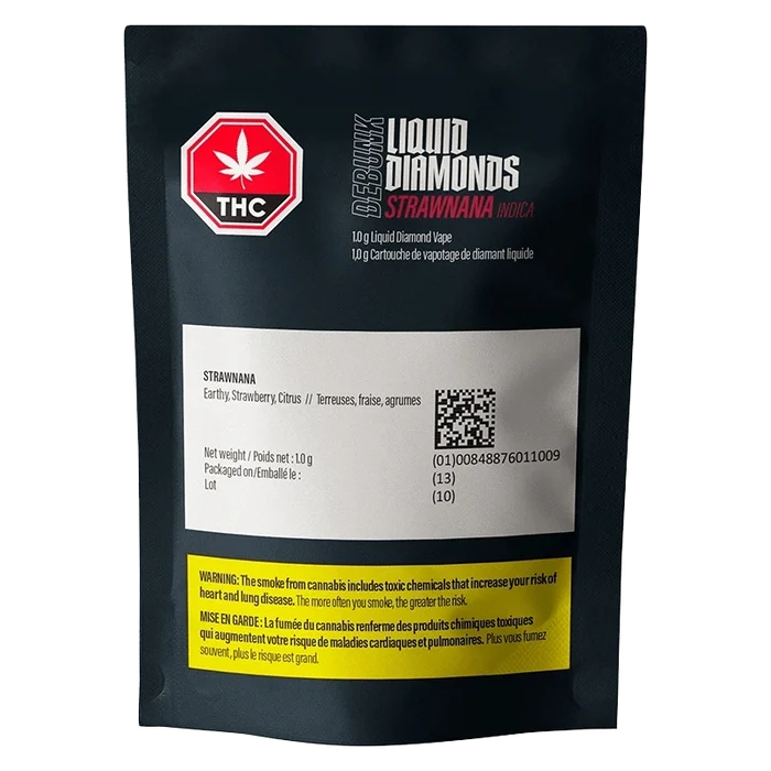Front-facing black pouch labeled "Strawnana Liquid Diamonds Vape Cartridge" with a red THC stop sign, white info panel and yellow warning strip.