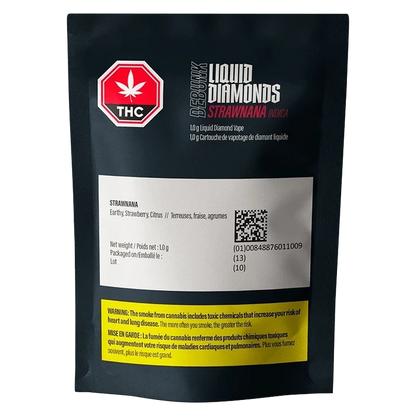 Front-facing black pouch labeled "Strawnana Liquid Diamonds Vape Cartridge" with a red THC stop sign, white info panel and yellow warning strip.