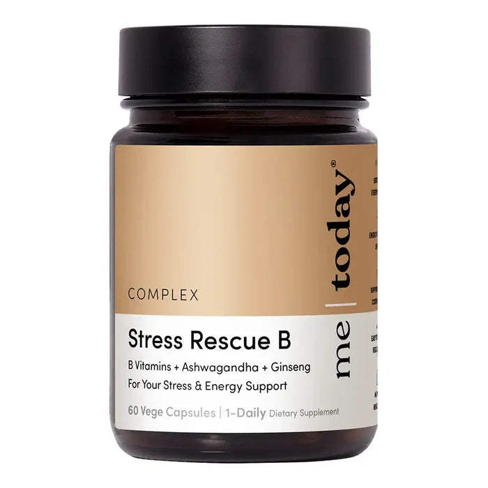 Amber supplement bottle of Stress Rescue B, with a tan and white label and black cap.