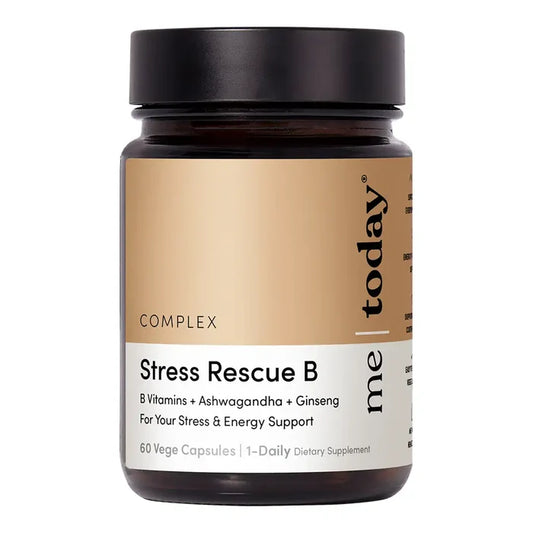 Amber supplement bottle of Stress Rescue B, with a tan and white label and black cap.