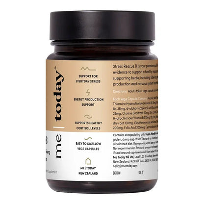 Side of supplement bottle for Stress Rescue B, showing benefits and highlights on a tan and white label.