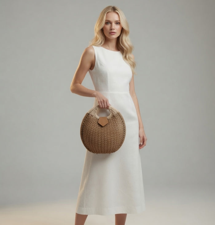 Beige seashell raffia handbag by Grace Beauty, stylish summer bag with woven design and natural texture.