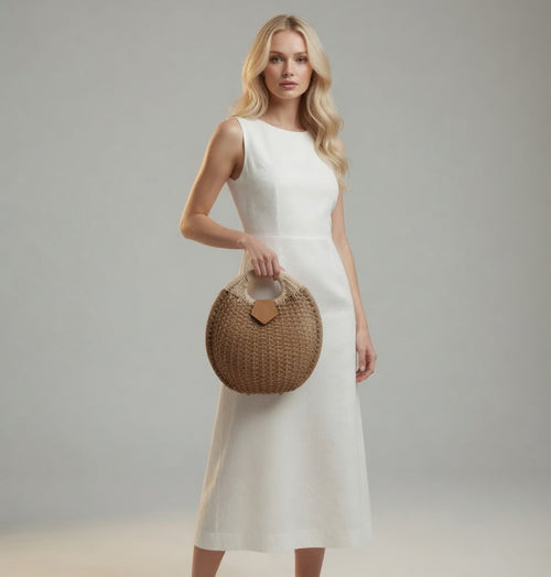 Beige seashell raffia handbag by Grace Beauty, stylish summer bag with woven design and natural texture.