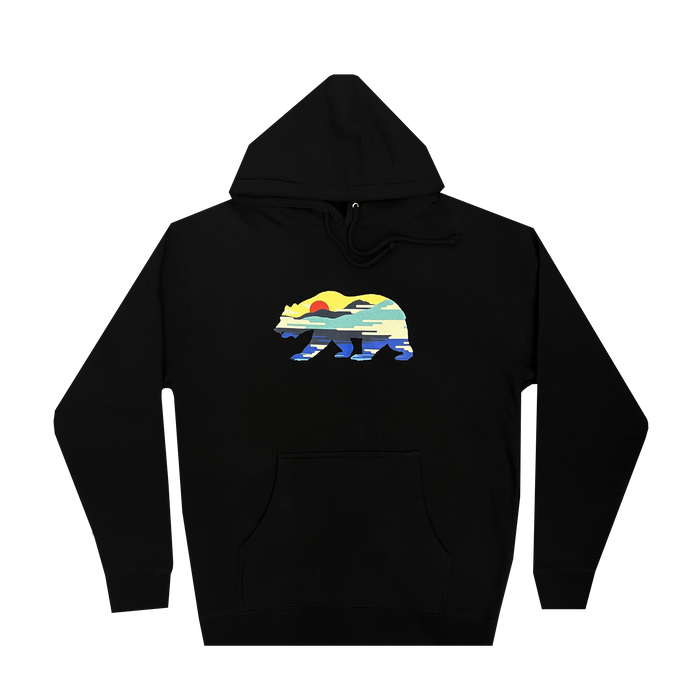 The Sunset Bear Hoodie from Never Elsewhere showcases a minimalist graphic of a California grizzly bear filled with a vibrant landscape pattern featuring a setting sun, mountains, water, and forests in hues of yellow, green, blue, and red. This black men's pullover hoodie includes a front pocket and drawstrings.