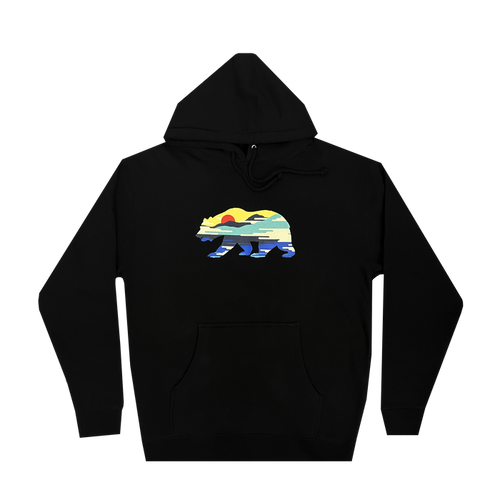 The Sunset Bear Hoodie from Never Elsewhere showcases a minimalist graphic of a California grizzly bear filled with a vibrant landscape pattern featuring a setting sun, mountains, water, and forests in hues of yellow, green, blue, and red. This black men's pullover hoodie includes a front pocket and drawstrings.