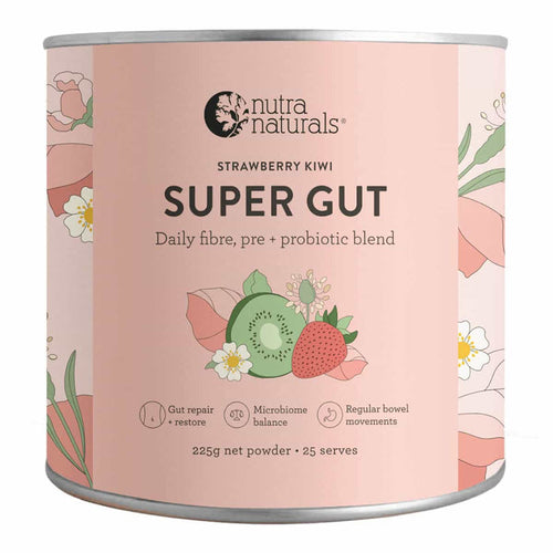 Canister of Nutra Naturals Strawberry Kiwi Super Gut supplement on a white background