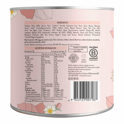 Back of Super Gut with nutritional information and certification logos on a pink floral background