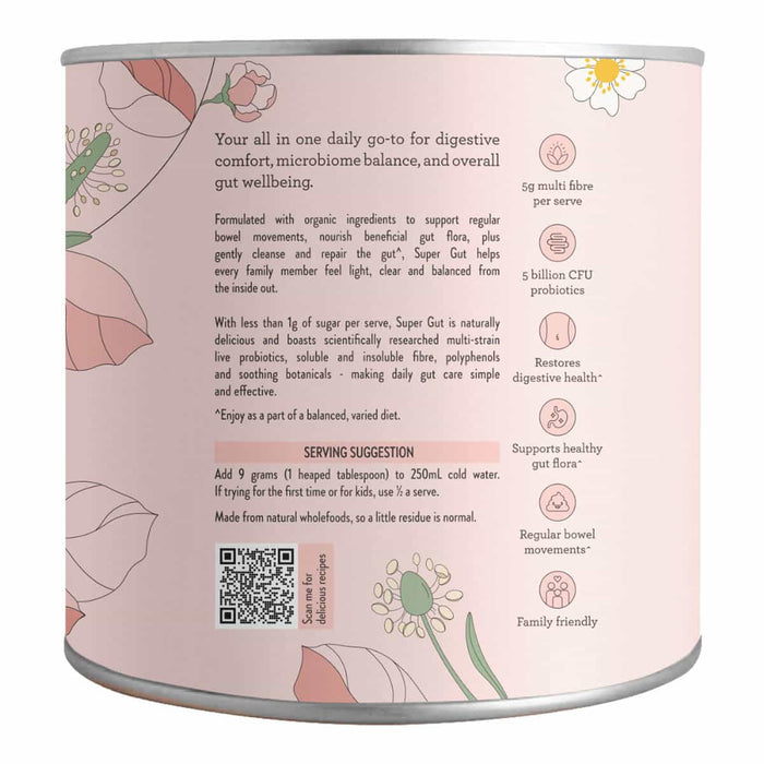 Back of Super Gut container with pink floral designs and serving suggestion & product information.